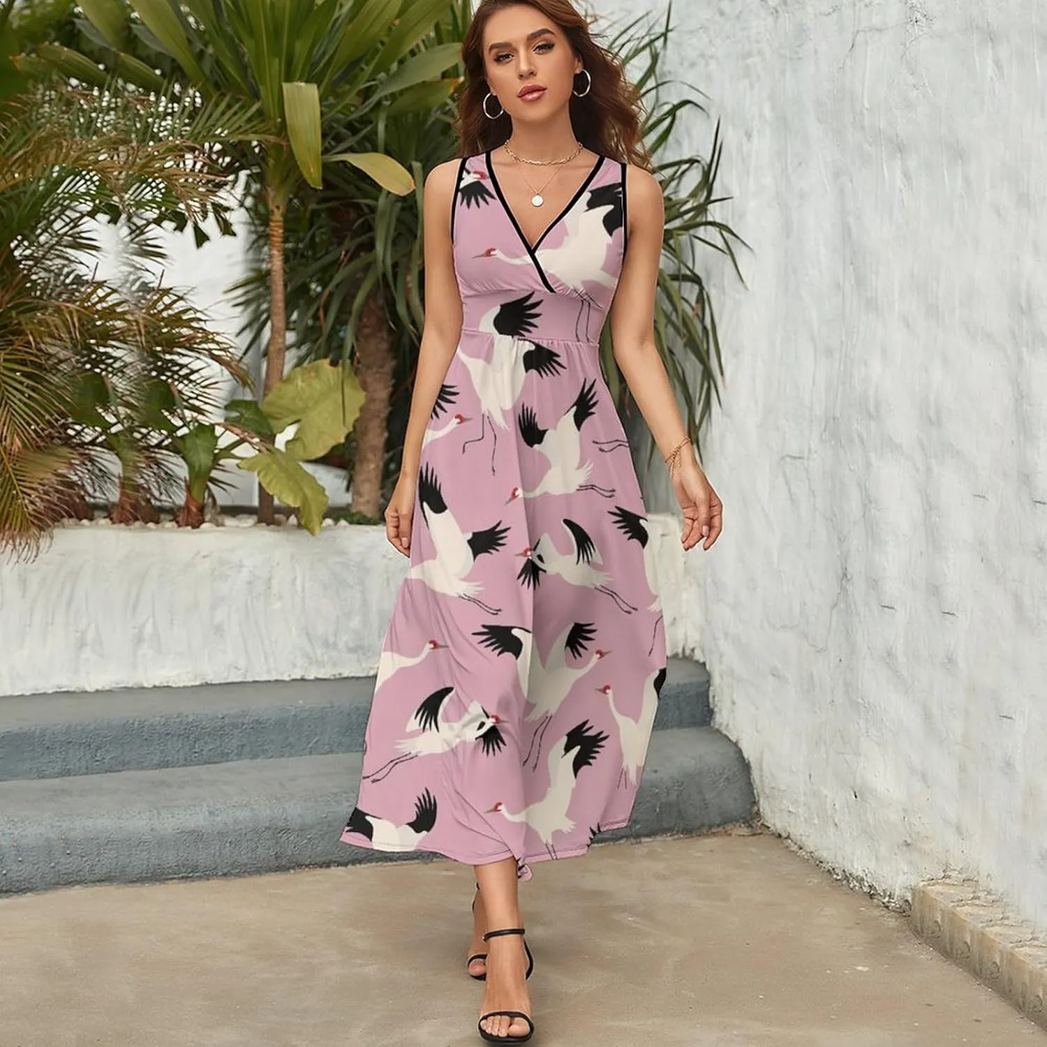 Women Summer Casual Sleeveless V Neck Red-Crowned Crane Sundress Maxi Long Beach Dress