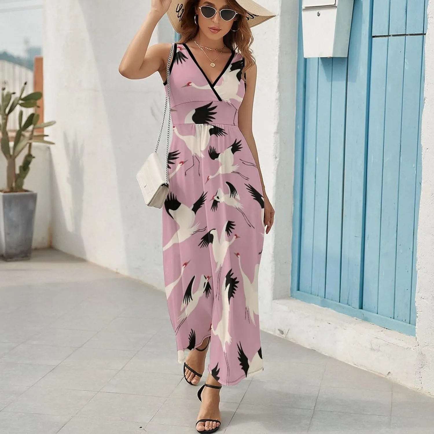 Women Summer Casual Sleeveless V Neck Red-Crowned Crane Sundress Maxi Long Beach Dress