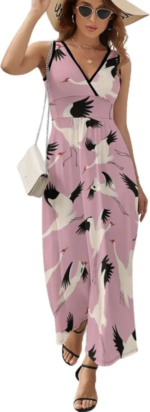 Women Summer Casual Sleeveless V Neck Red-Crowned Crane Sundress Maxi Long Beach Dress
