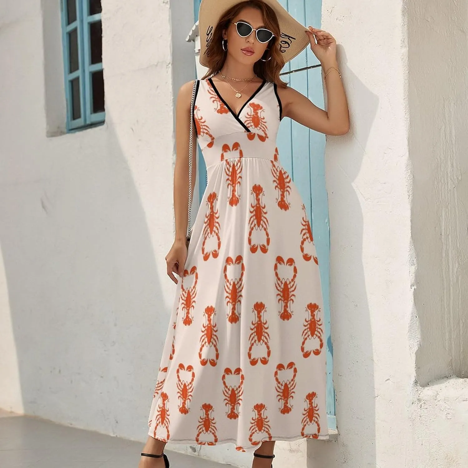 Women Summer Casual Sleeveless V Neck Red Lobsters Retro Sundress Maxi Long Beach Dress