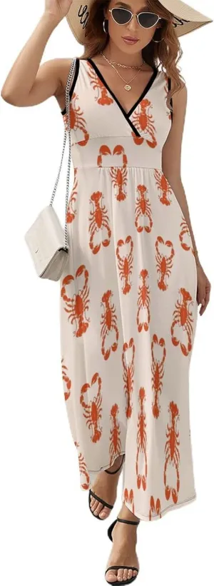 Women Summer Casual Sleeveless V Neck Red Lobsters Retro Sundress Maxi Long Beach Dress