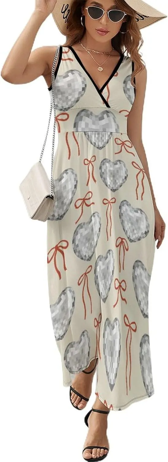Women Summer Casual Sleeveless V Neck Shaped Disco Balls Heart Sundress Maxi Long Beach Dress