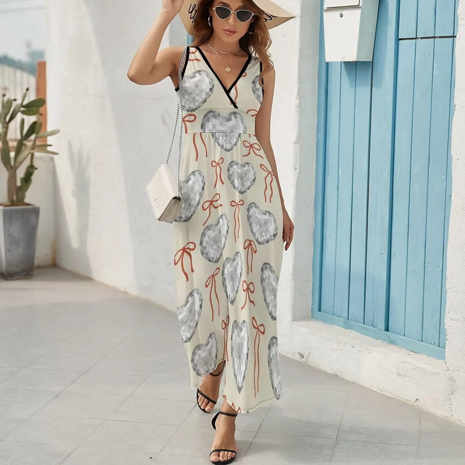Women Summer Casual Sleeveless V Neck Shaped Disco Balls Heart Sundress Maxi Long Beach Dress