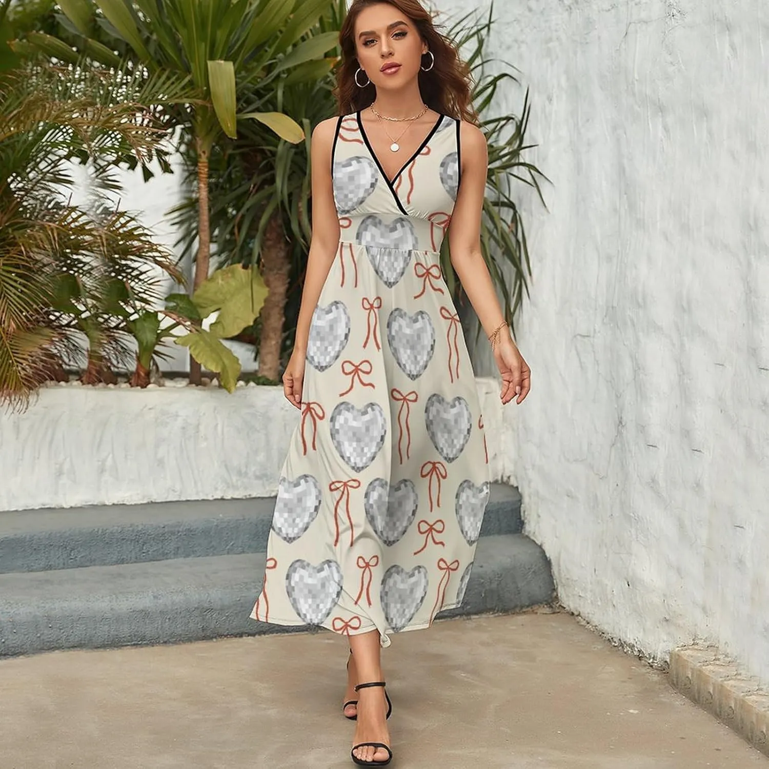 Women Summer Casual Sleeveless V Neck Shaped Disco Balls Heart Sundress Maxi Long Beach Dress