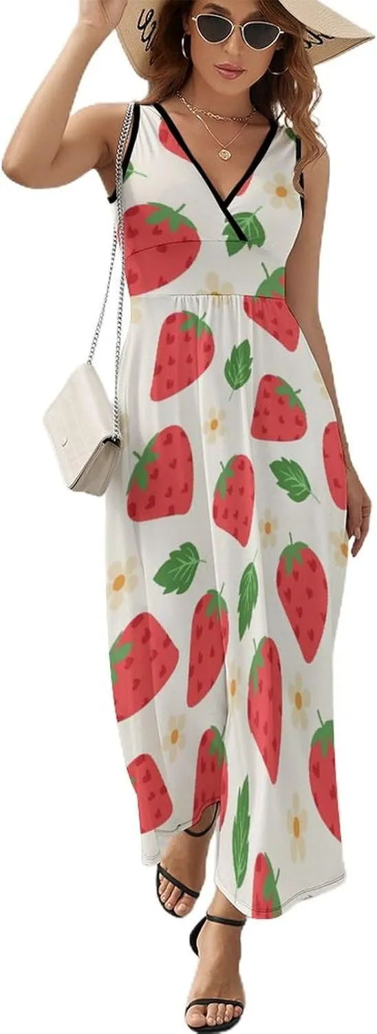 Women Summer Casual Sleeveless V Neck Strawberries Green Leaves Sundress Maxi Long Beach Dress