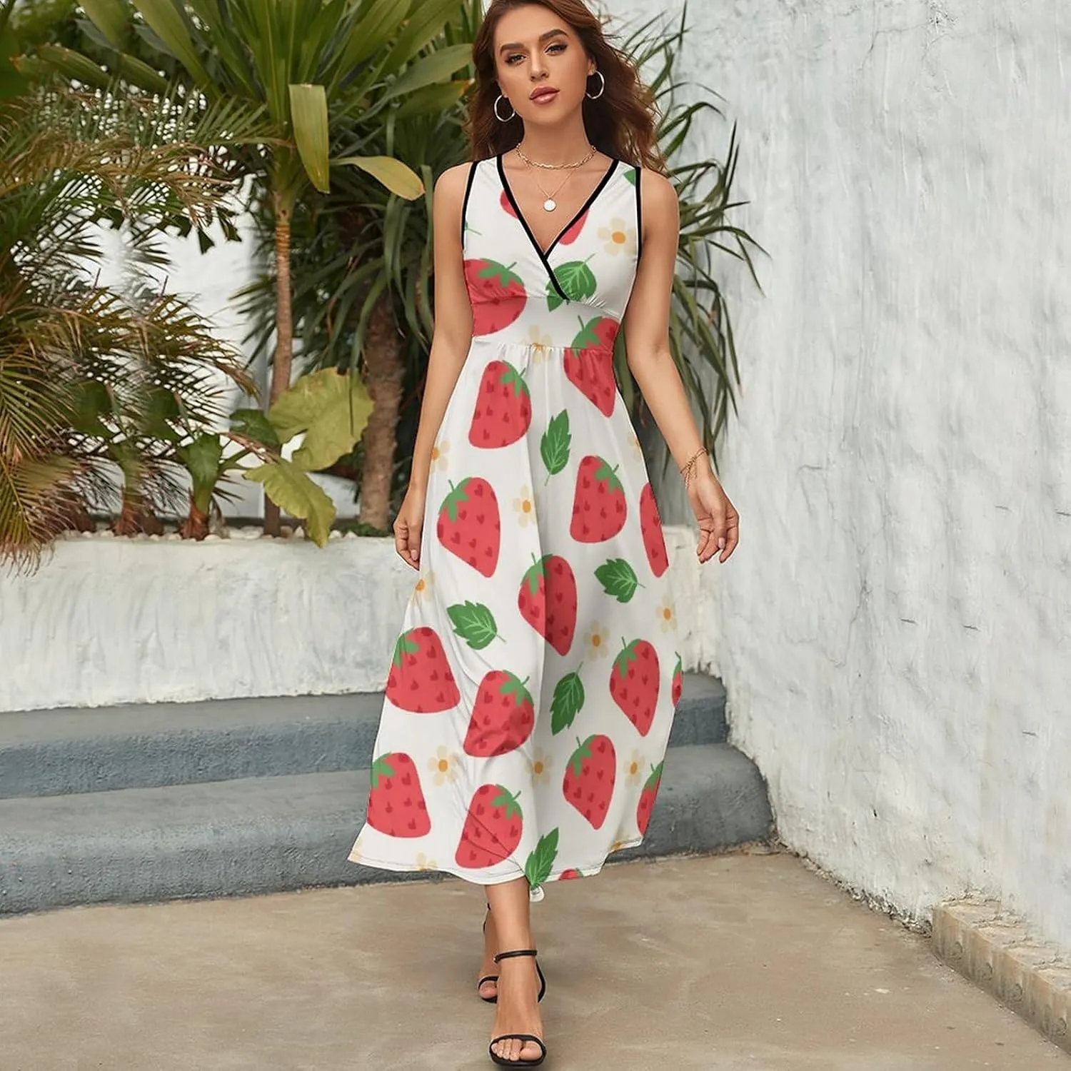 Women Summer Casual Sleeveless V Neck Strawberries Green Leaves Sundress Maxi Long Beach Dress