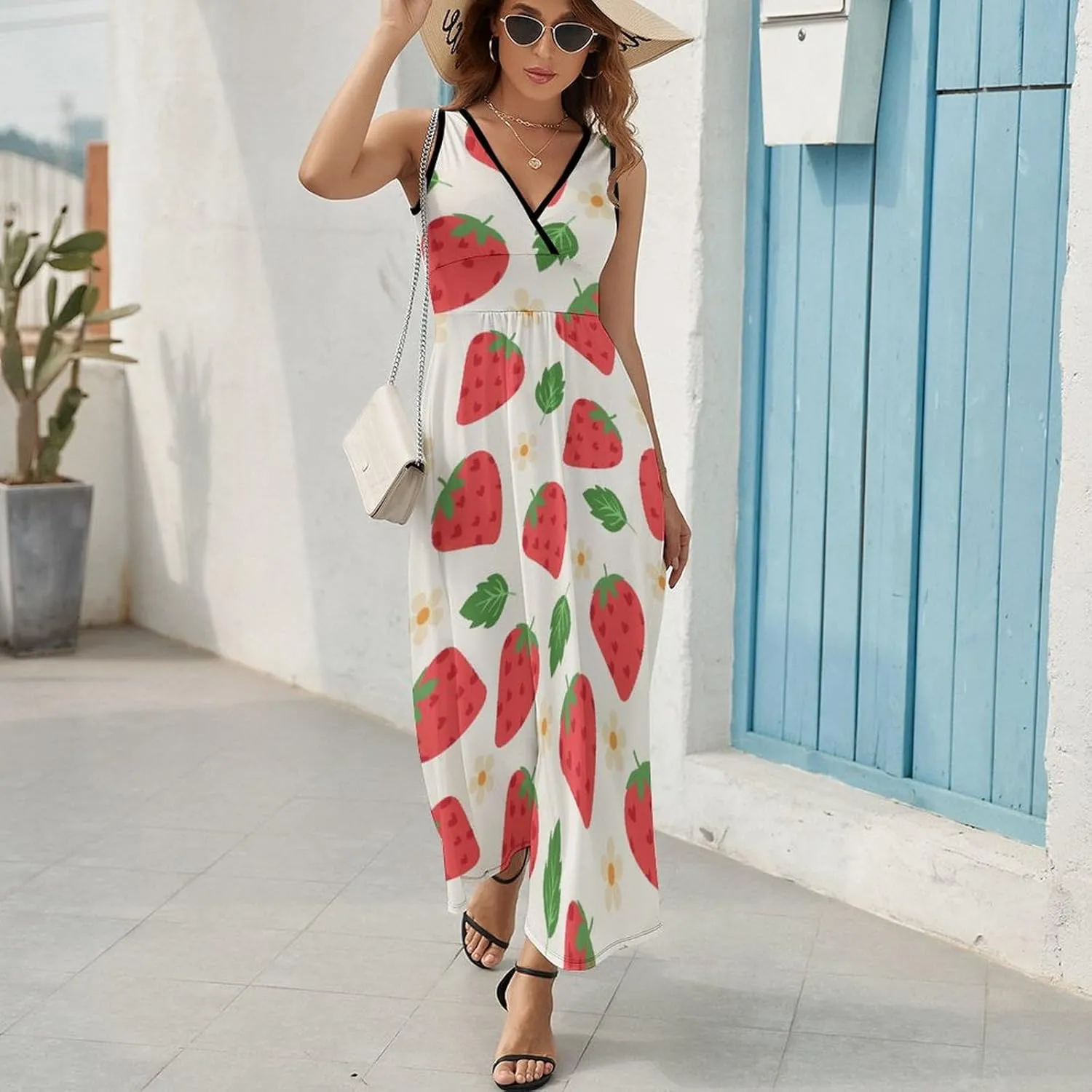 Women Summer Casual Sleeveless V Neck Strawberries Green Leaves Sundress Maxi Long Beach Dress