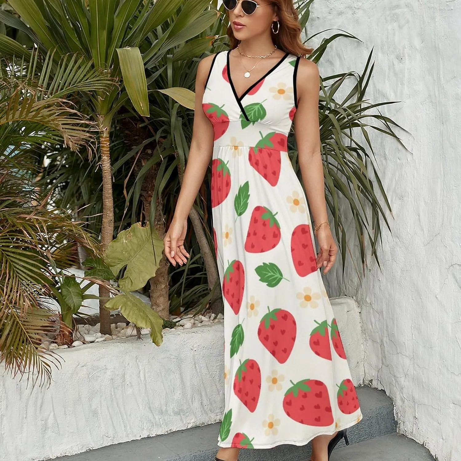 Women Summer Casual Sleeveless V Neck Strawberries Green Leaves Sundress Maxi Long Beach Dress