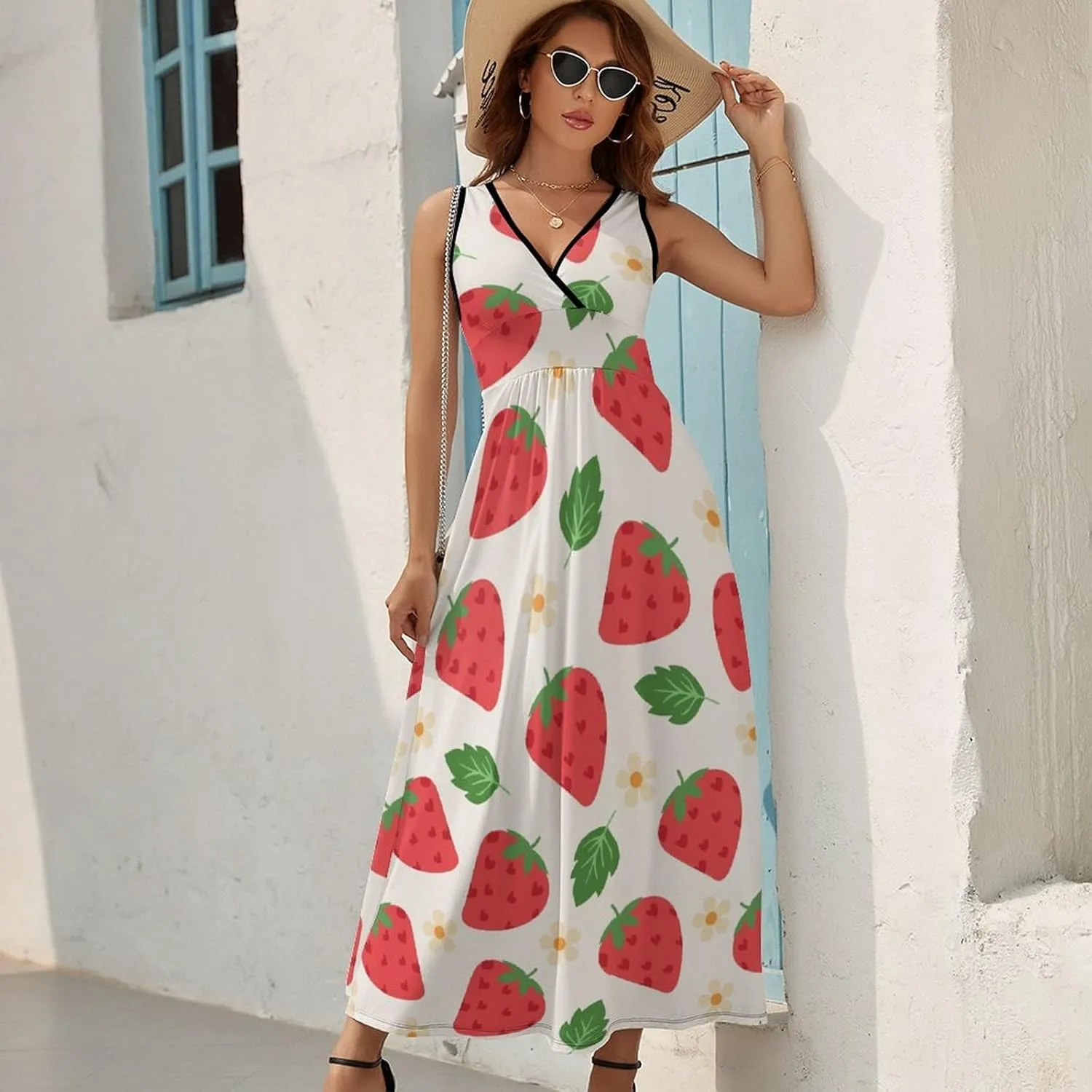 Women Summer Casual Sleeveless V Neck Strawberries Green Leaves Sundress Maxi Long Beach Dress
