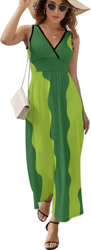 Women Summer Casual Sleeveless V Neck Watermelon Skin Striped Sundress Maxi Long Beach Dress