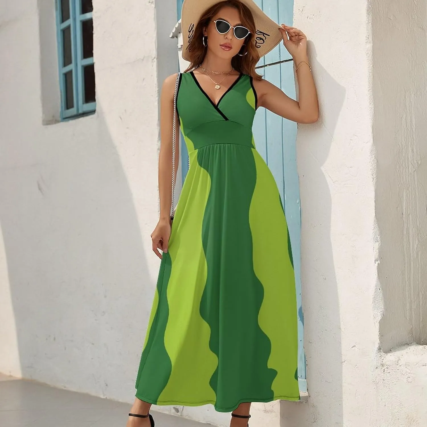 Women Summer Casual Sleeveless V Neck Watermelon Skin Striped Sundress Maxi Long Beach Dress