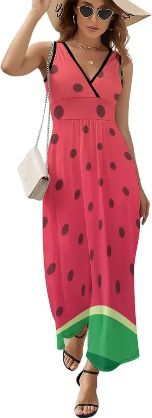 Women Summer Casual Sleeveless V Neck Watermelons Polka Dot Sundress Maxi Long Beach Dress