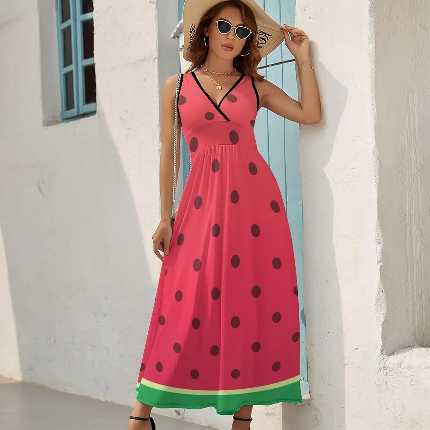 Women Summer Casual Sleeveless V Neck Watermelons Polka Dot Sundress Maxi Long Beach Dress
