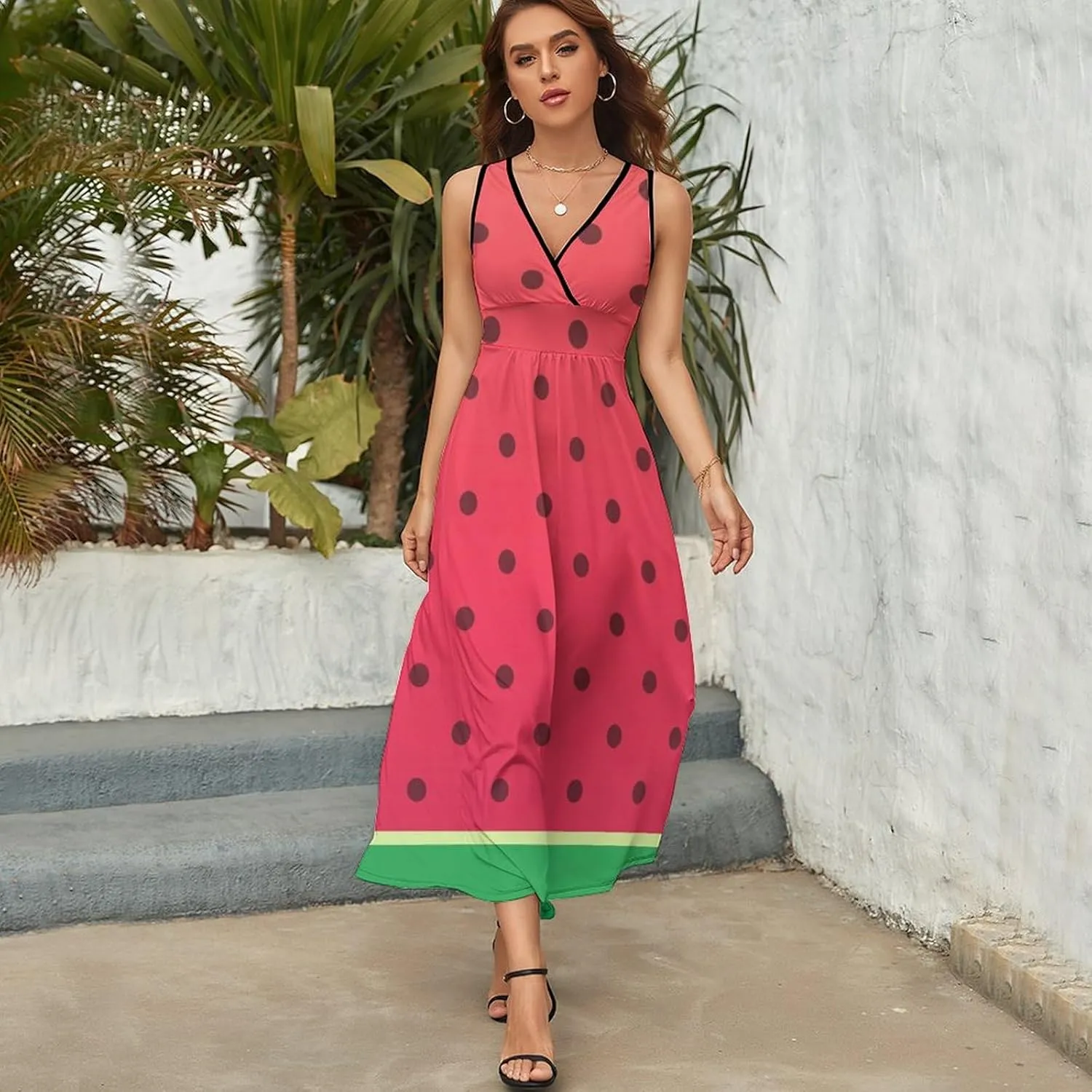 Women Summer Casual Sleeveless V Neck Watermelons Polka Dot Sundress Maxi Long Beach Dress