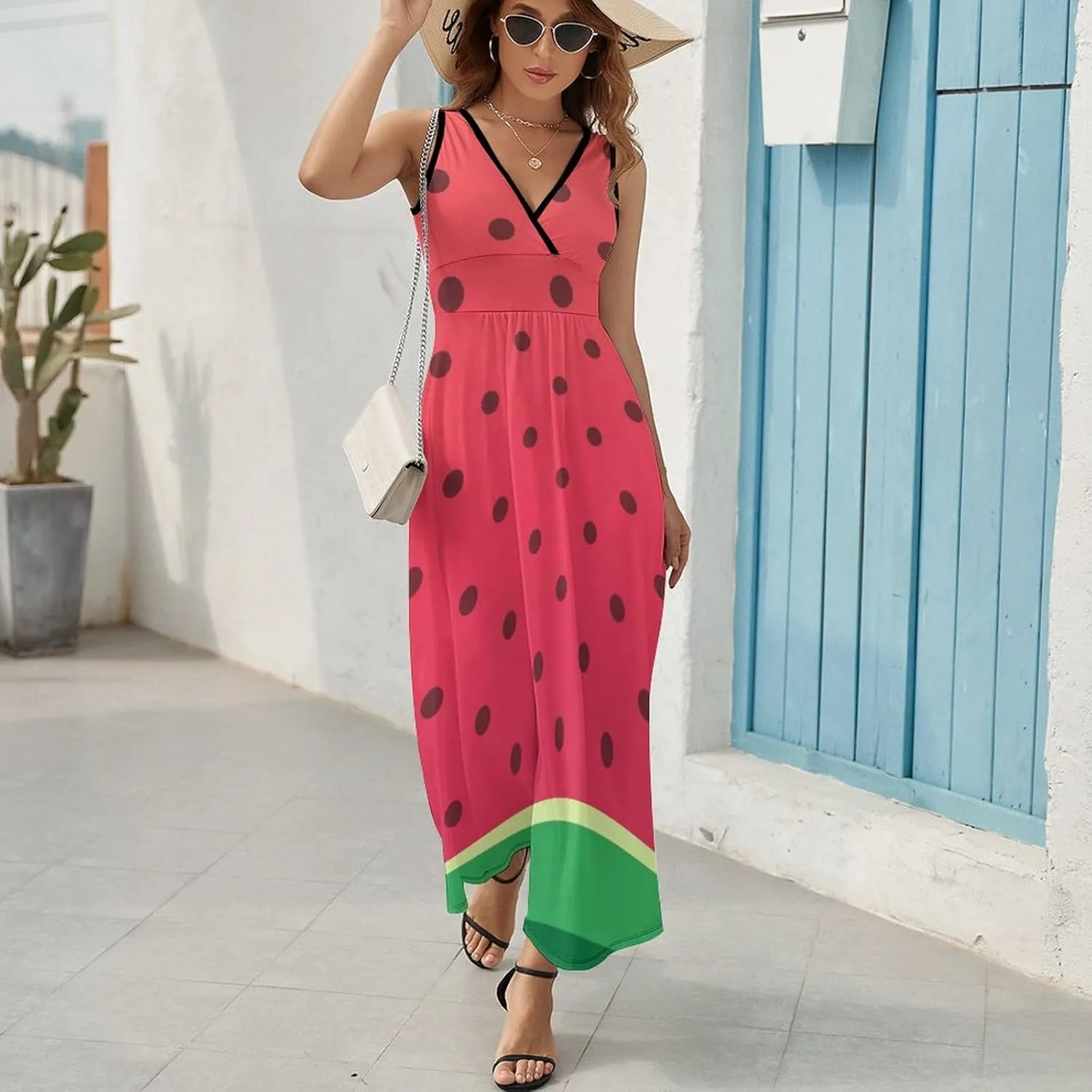 Women Summer Casual Sleeveless V Neck Watermelons Polka Dot Sundress Maxi Long Beach Dress