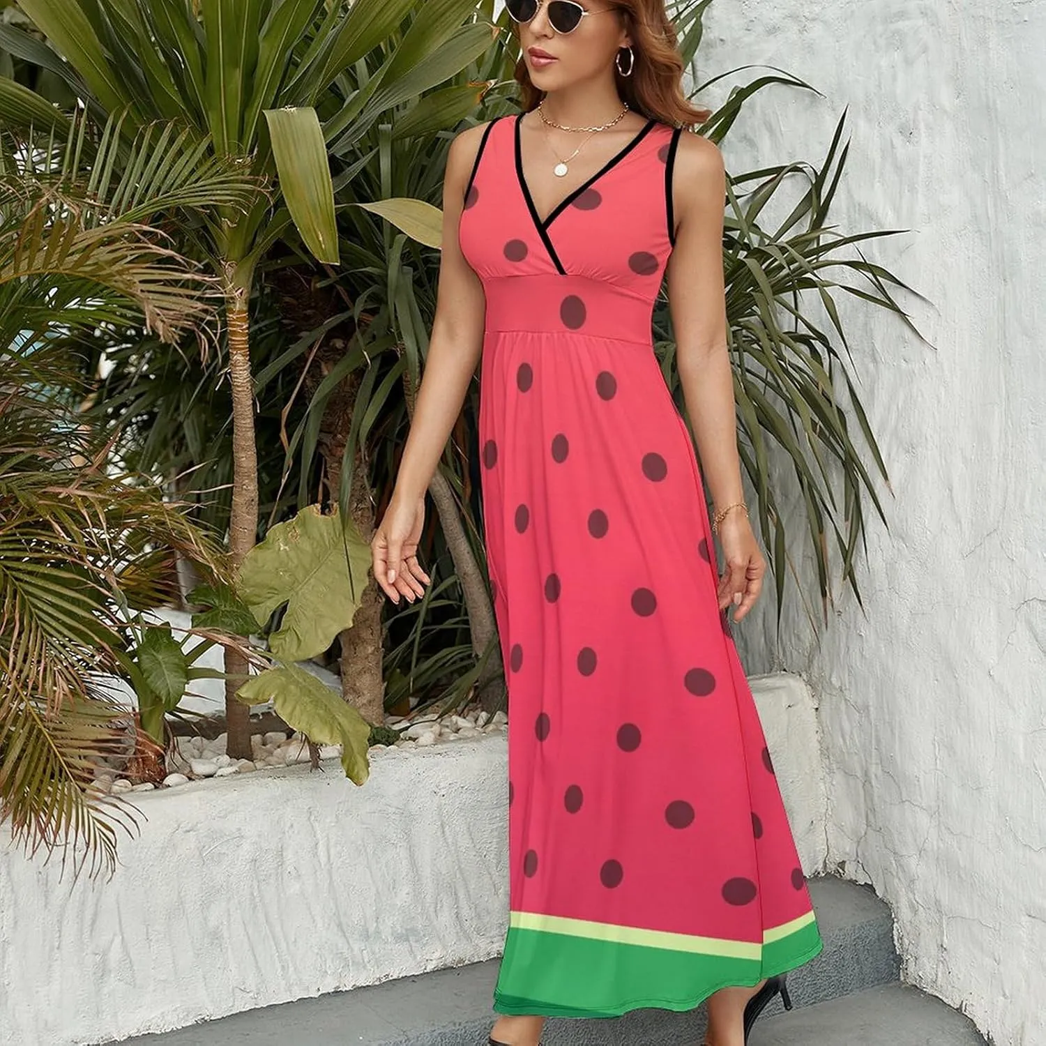Women Summer Casual Sleeveless V Neck Watermelons Polka Dot Sundress Maxi Long Beach Dress