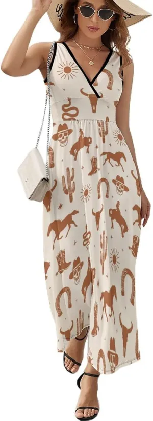 Women Summer Casual Sleeveless V Neck Western Cactus Cowboy Sundress Maxi Long Beach Dress