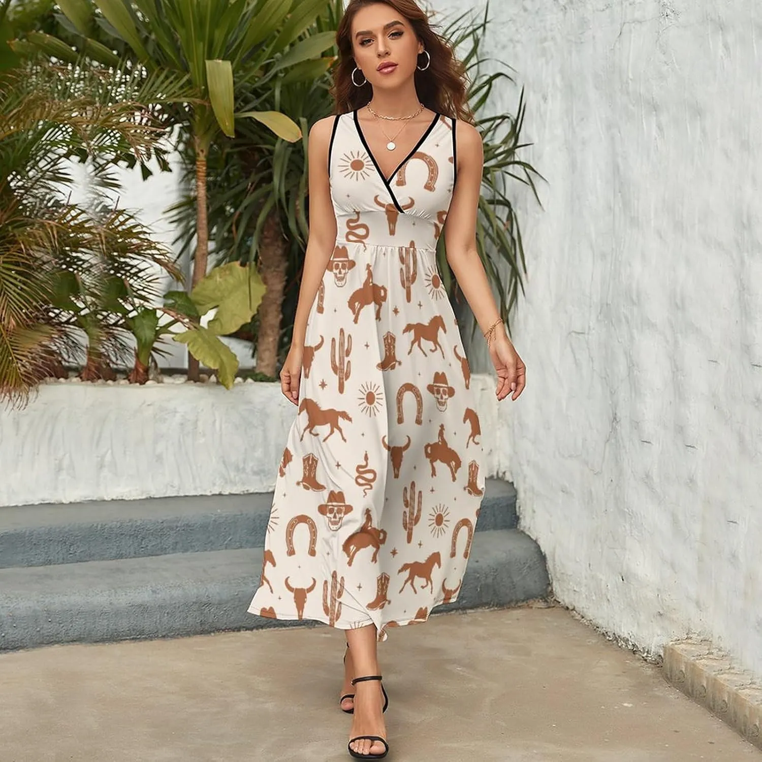 Women Summer Casual Sleeveless V Neck Western Cactus Cowboy Sundress Maxi Long Beach Dress