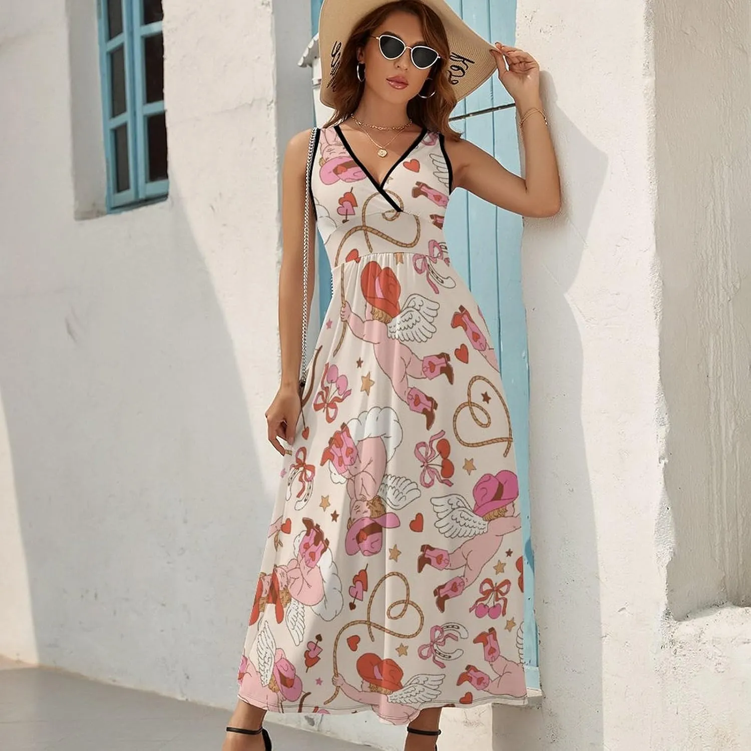 Women Summer Casual Sleeveless V Neck Western Cupid Cowboy Sundress Maxi Long Beach Dress
