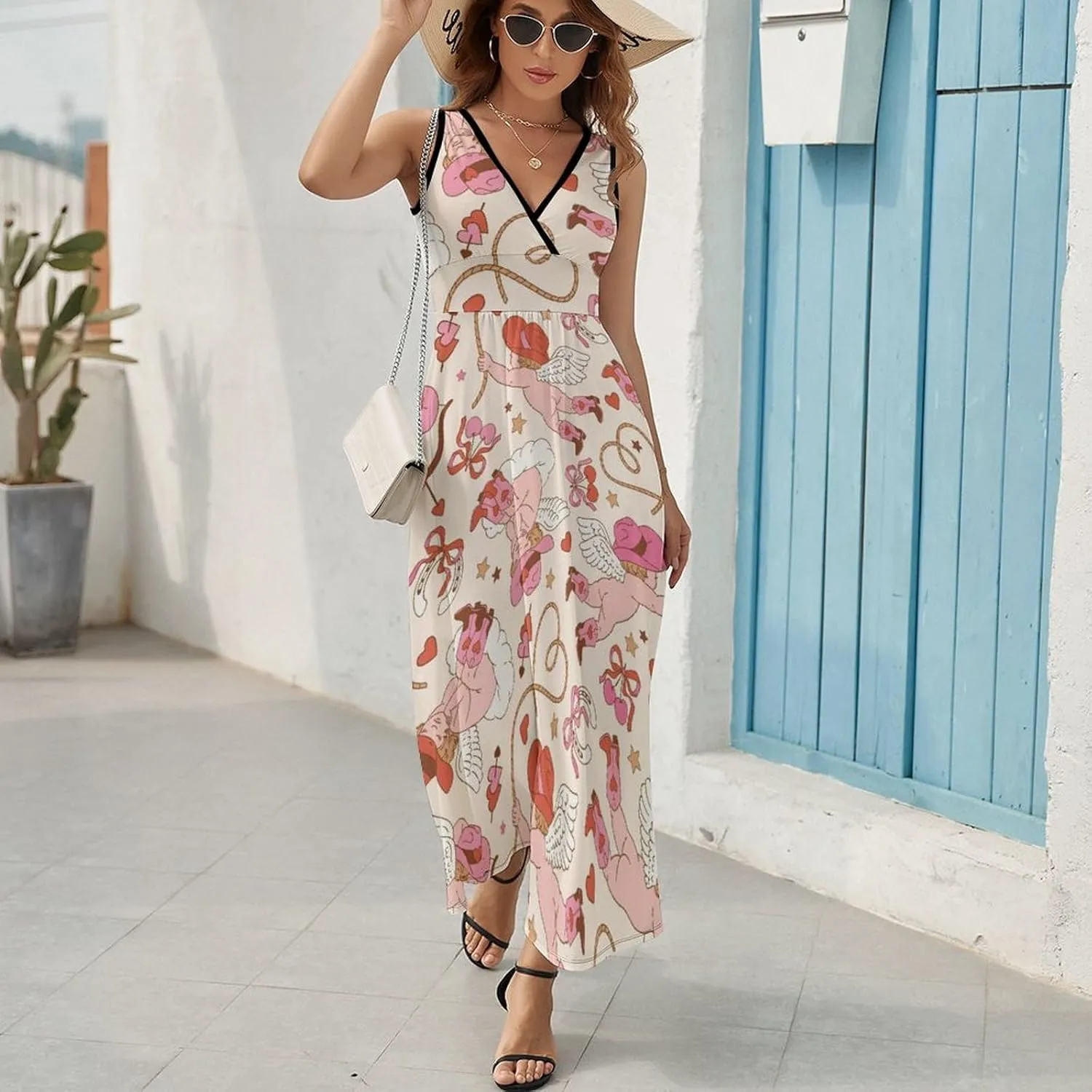 Women Summer Casual Sleeveless V Neck Western Cupid Cowboy Sundress Maxi Long Beach Dress