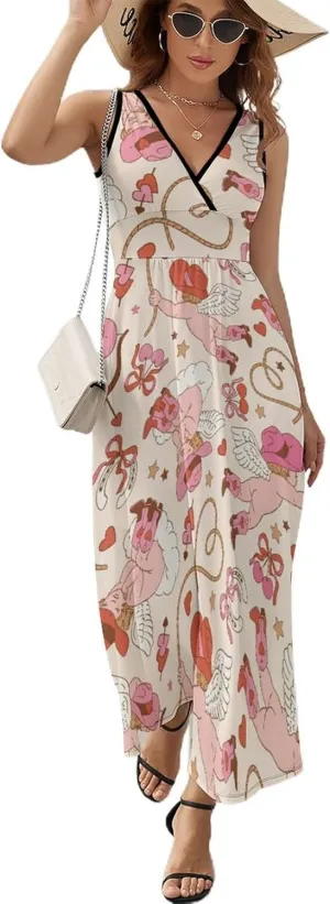 Women Summer Casual Sleeveless V Neck Western Cupid Cowboy Sundress Maxi Long Beach Dress