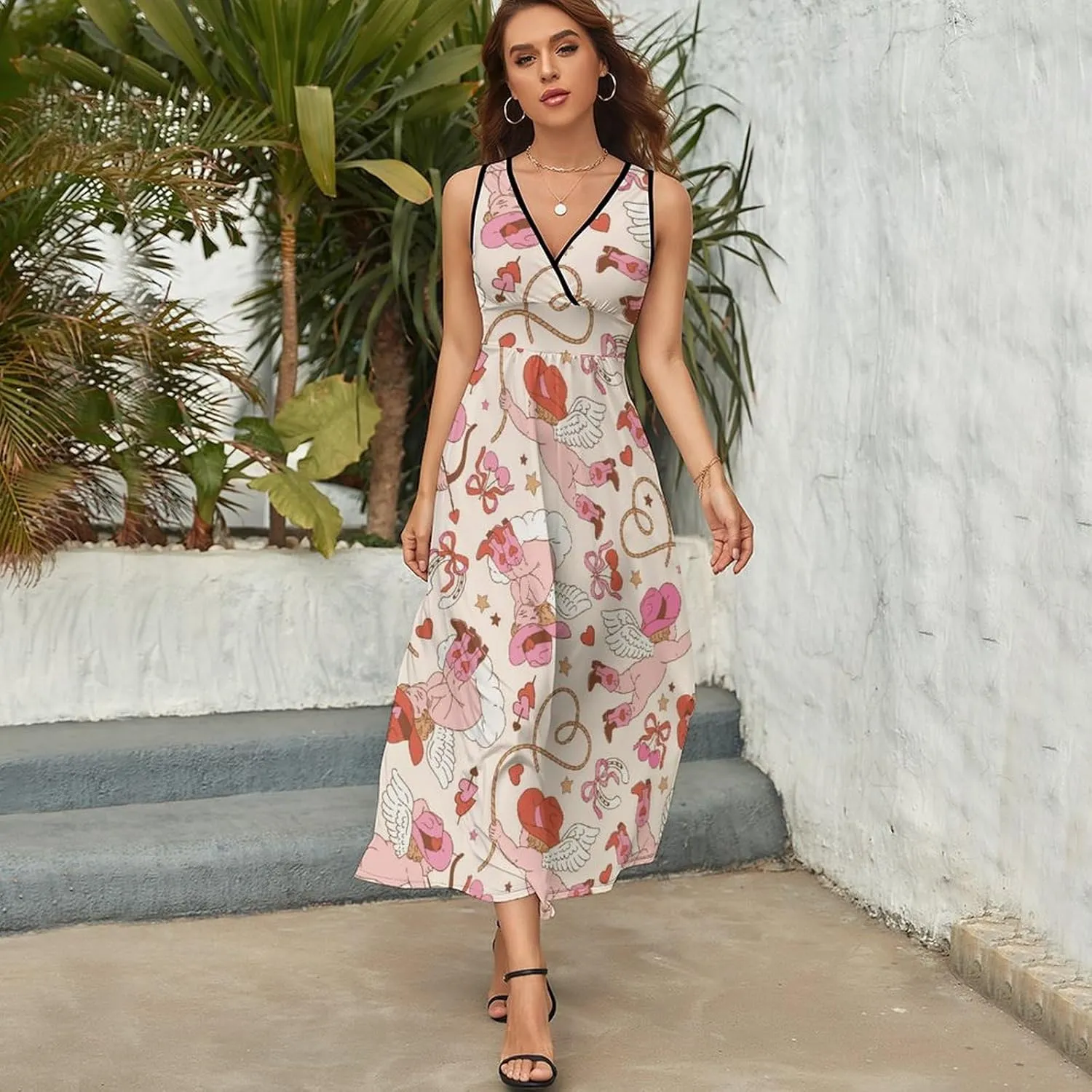 Women Summer Casual Sleeveless V Neck Western Cupid Cowboy Sundress Maxi Long Beach Dress
