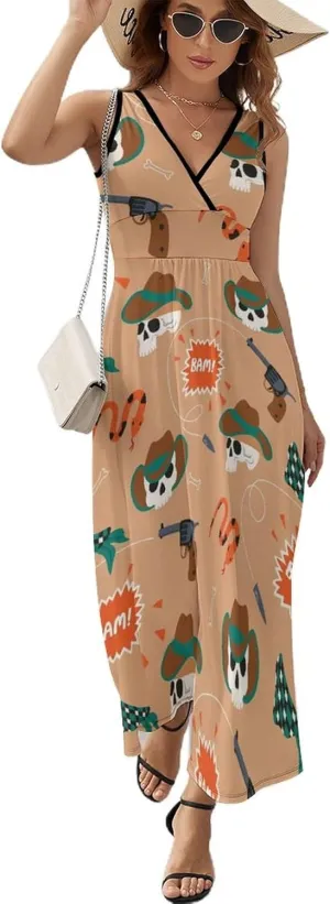 Women Summer Casual Sleeveless V Neck Wild West Cowboy Hat Sundress Maxi Long Beach Dress