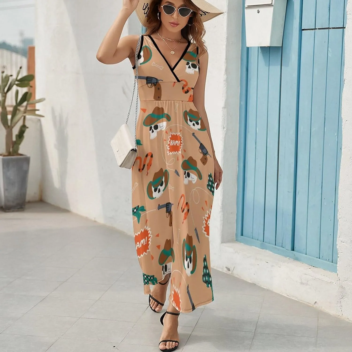 Women Summer Casual Sleeveless V Neck Wild West Cowboy Hat Sundress Maxi Long Beach Dress