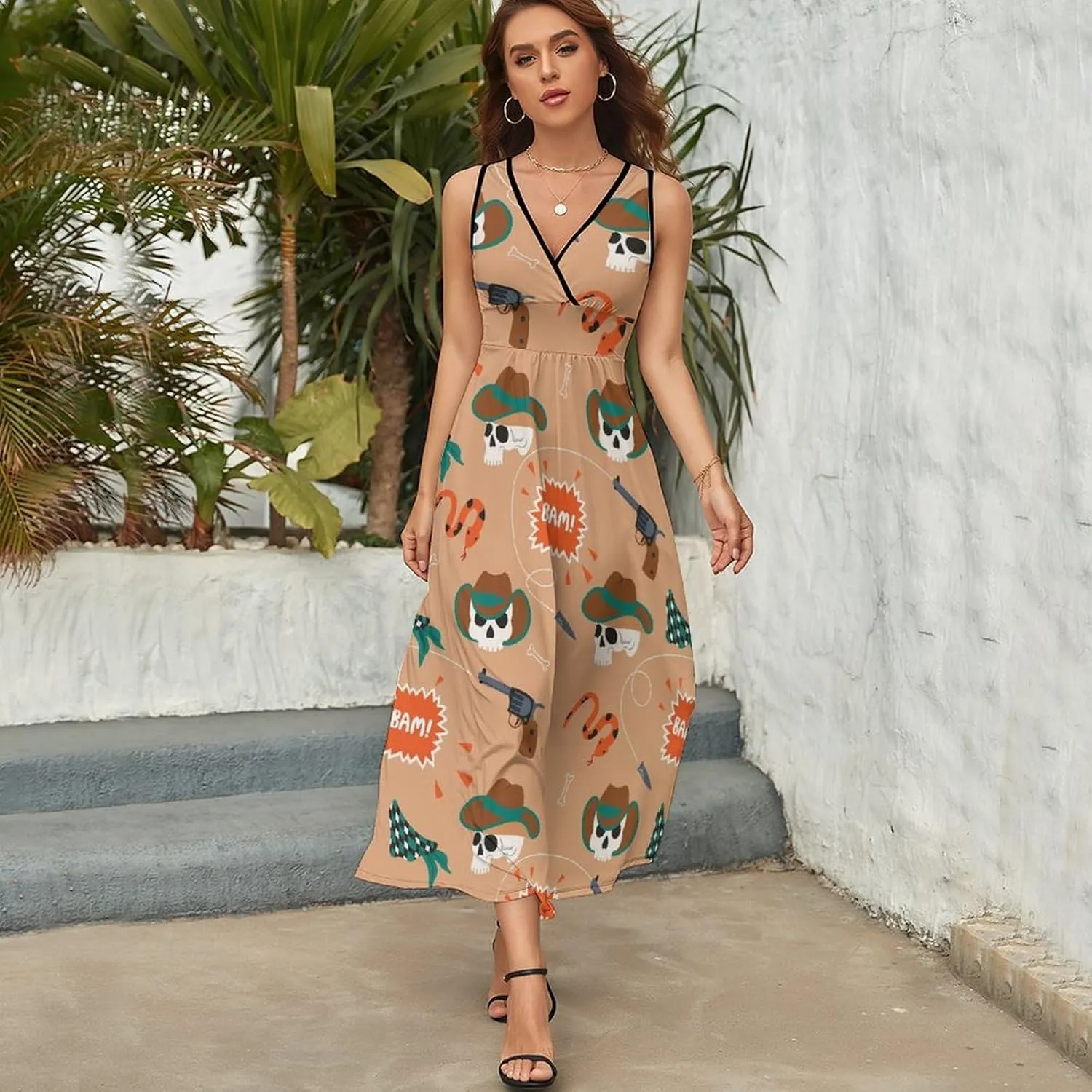 Women Summer Casual Sleeveless V Neck Wild West Cowboy Hat Sundress Maxi Long Beach Dress
