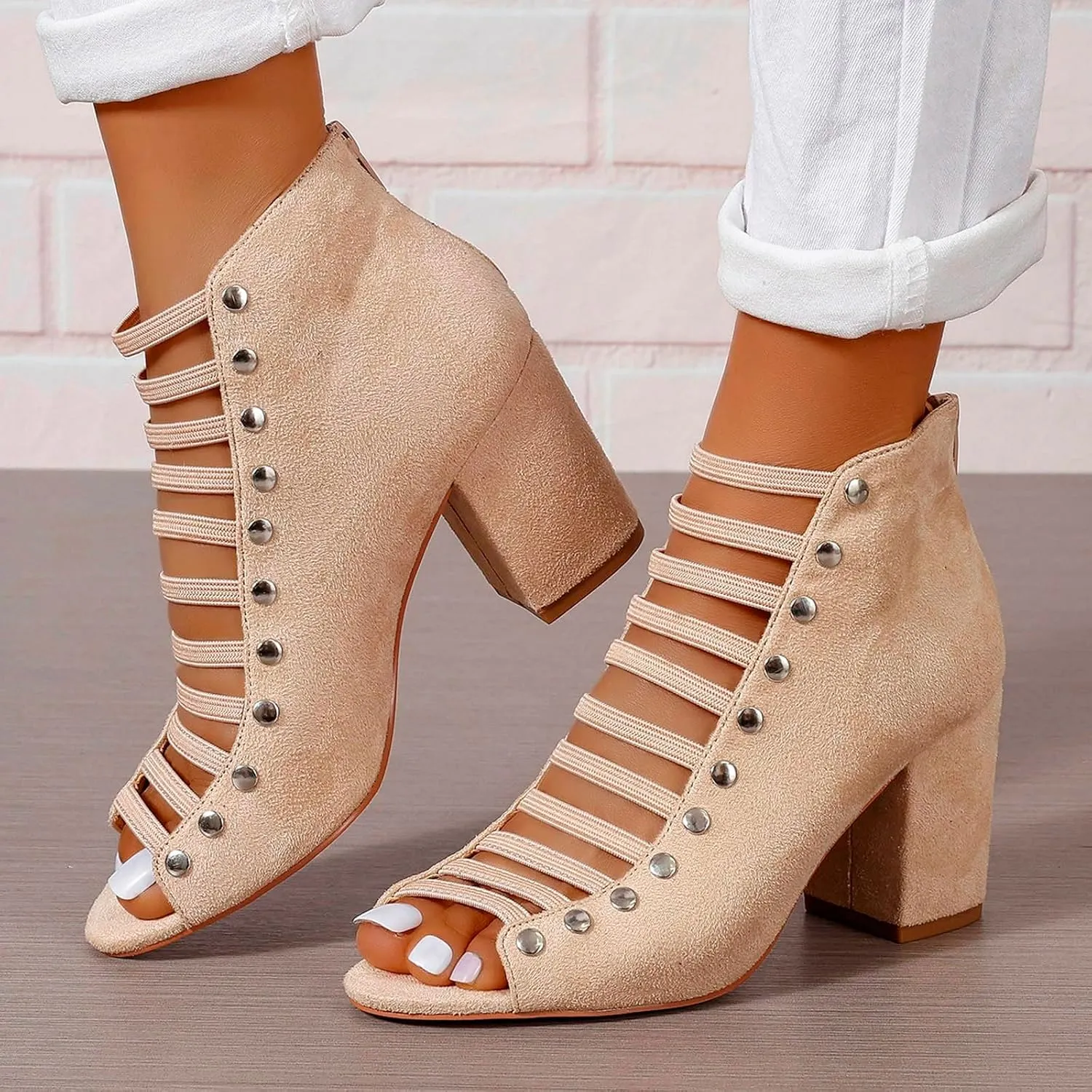 Women Toe Suede Sandals Back Zipper Cutout Sandals Chunky High Heel Ankle Strap Cork Heels for Women Wedge