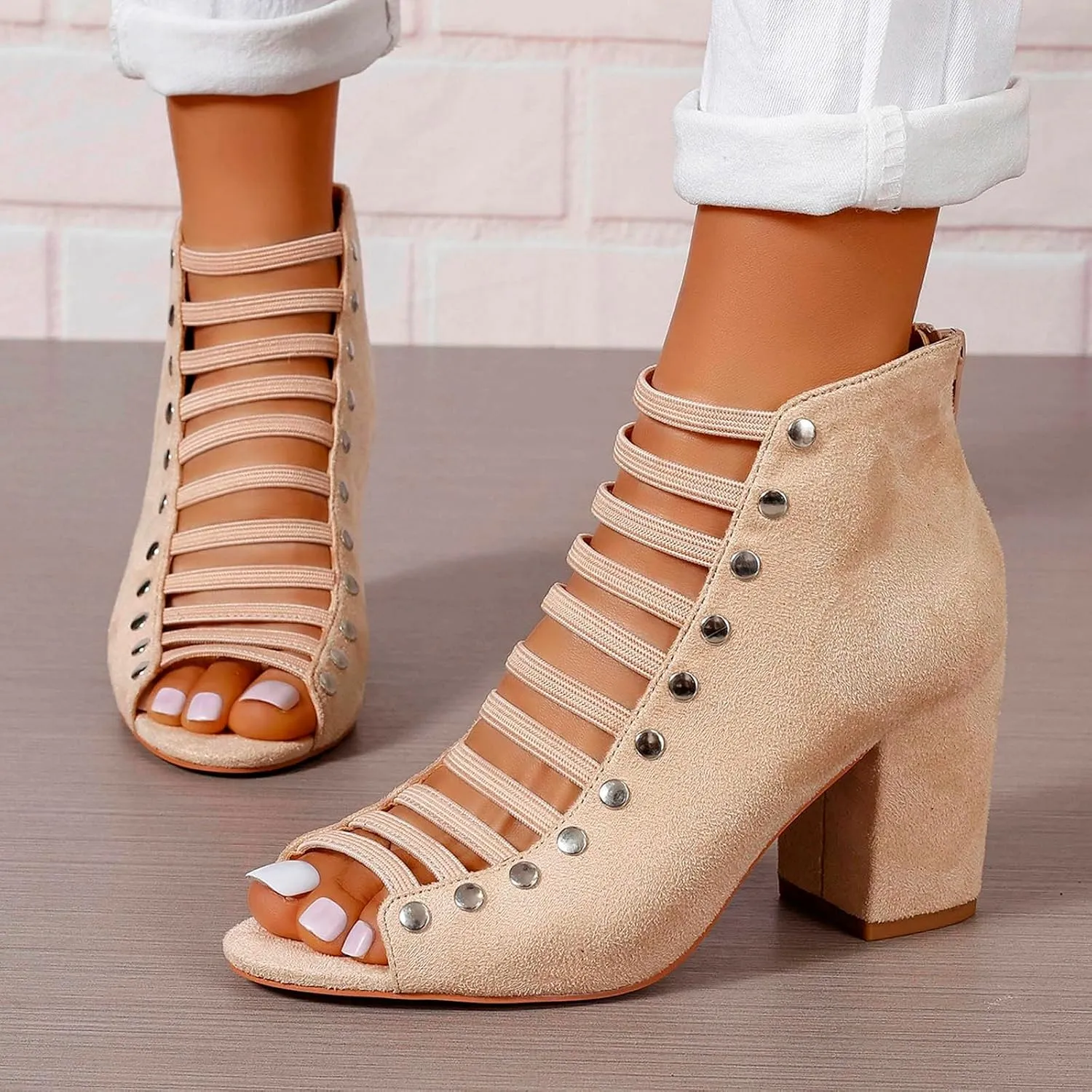 Women Toe Suede Sandals Back Zipper Cutout Sandals Chunky High Heel Ankle Strap Cork Heels for Women Wedge