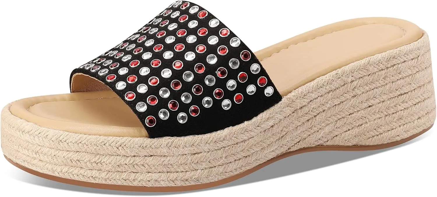 Women Woven Platform Wedge Sandals Slip on Espadrille Slides Bohemia Sandals Open Toe Beach Shoes