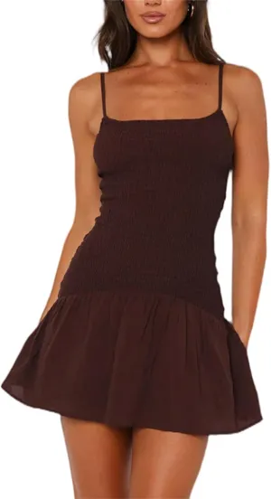 Women Y2K Fairycore Mini Dress Smocked Ruffle Spaghetti Strap Flowy Dress Solid Color Clean Fit Summer Streetwear