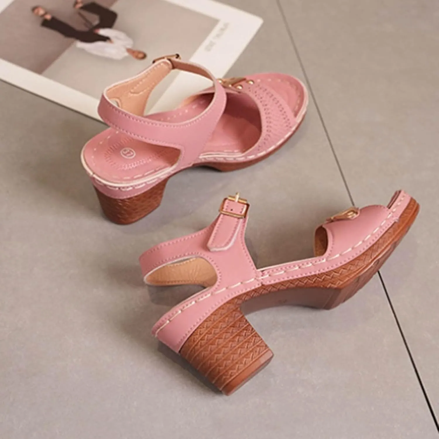 Womens Ankle-Strap Heeled Sandal Adjustable Straps Chic Chunky Mid Heel Walking Retro Platform Sandals Comfortable Open Toe Summer Casual Platform Wedding Dress Shoes