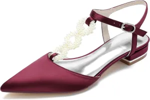 Women's Ankle Strap Wedding Shoes for Bride Satin Pointed Toe Wedding Flats Pearl T-Strap Formal Prom Party Dress Pumps