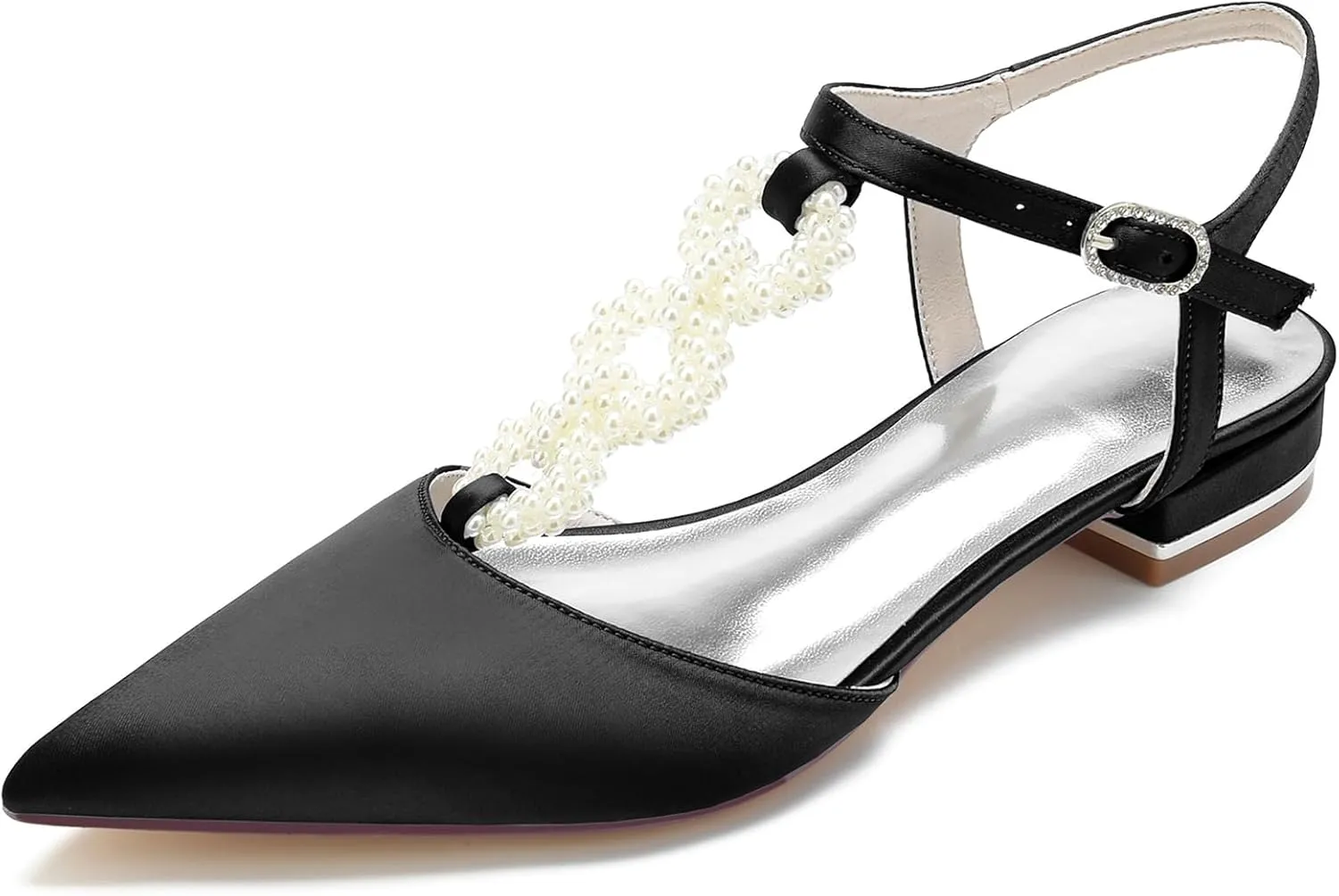 Women's Ankle Strap Wedding Shoes for Bride Satin Pointed Toe Wedding Flats Pearl T-Strap Formal Prom Party Dress Pumps
