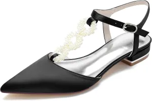 Women's Ankle Strap Wedding Shoes for Bride Satin Pointed Toe Wedding Flats Pearl T-Strap Formal Prom Party Dress Pumps