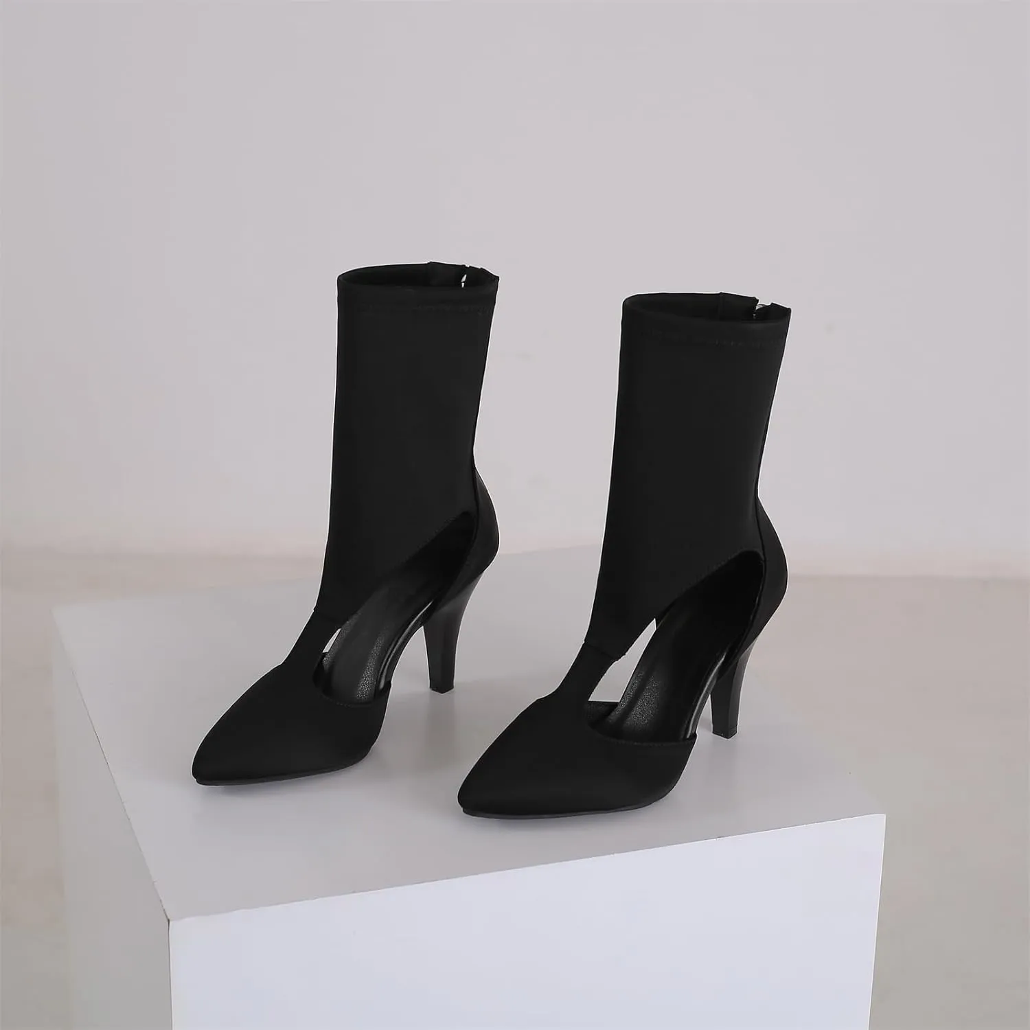 Women's Back Zipper Kitten High Heel Pointed Toe Hollow Out Stretch Fabric Sexy Fashion Candy Color Ankle Pumps Party Sandals