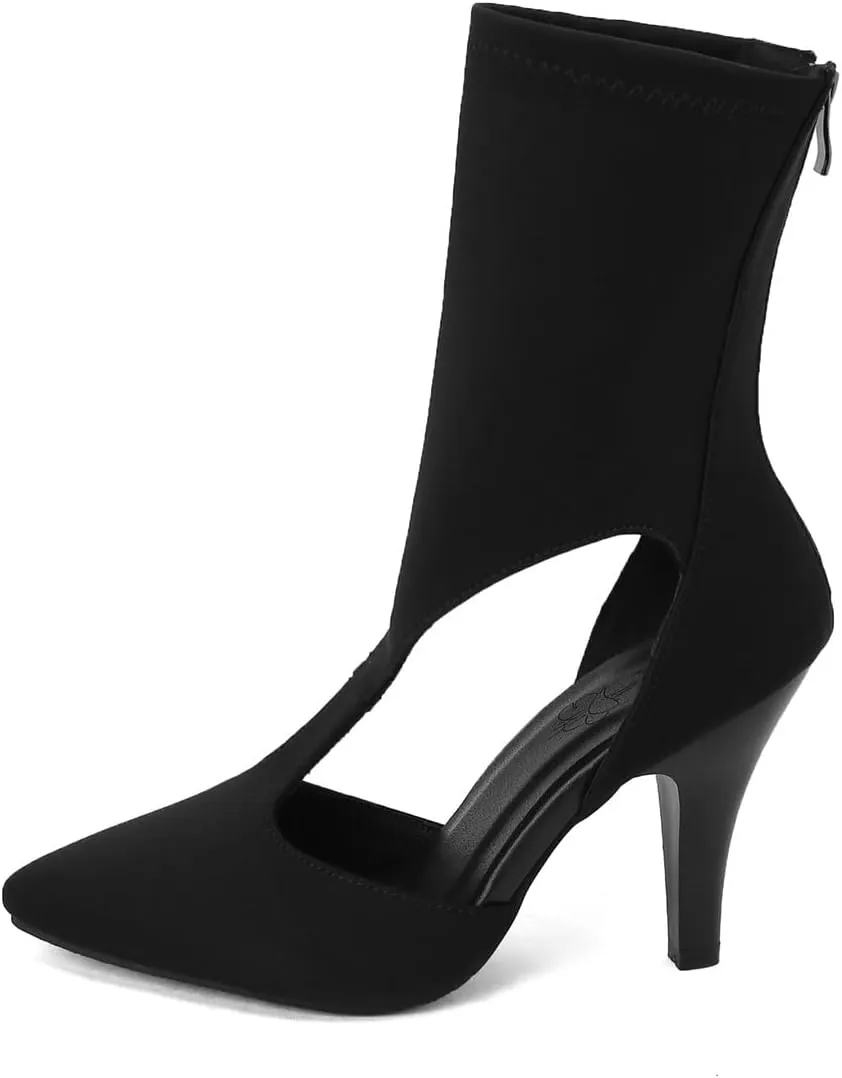 Women's Back Zipper Kitten High Heel Pointed Toe Hollow Out Stretch Fabric Sexy Fashion Candy Color Ankle Pumps Party Sandals