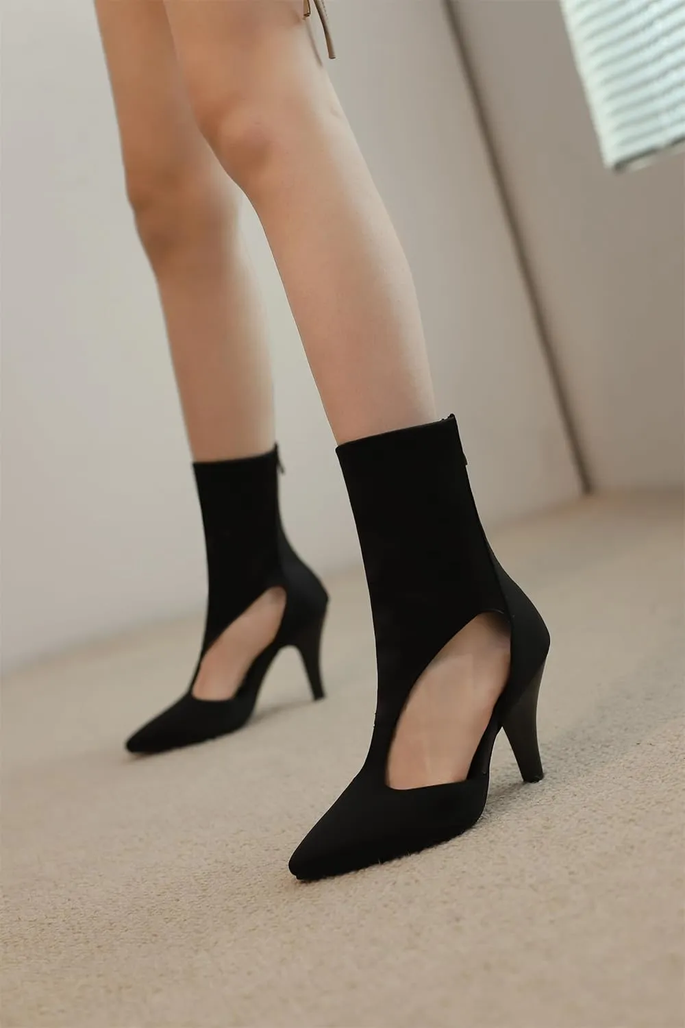 Women's Back Zipper Kitten High Heel Pointed Toe Hollow Out Stretch Fabric Sexy Fashion Candy Color Ankle Pumps Party Sandals