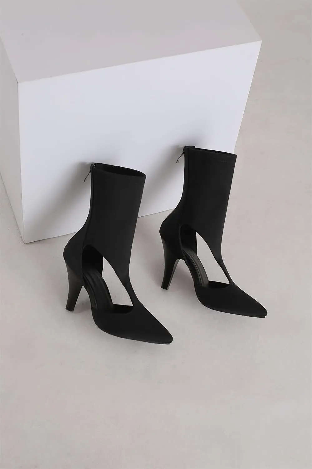 Women's Back Zipper Kitten High Heel Pointed Toe Hollow Out Stretch Fabric Sexy Fashion Candy Color Ankle Pumps Party Sandals