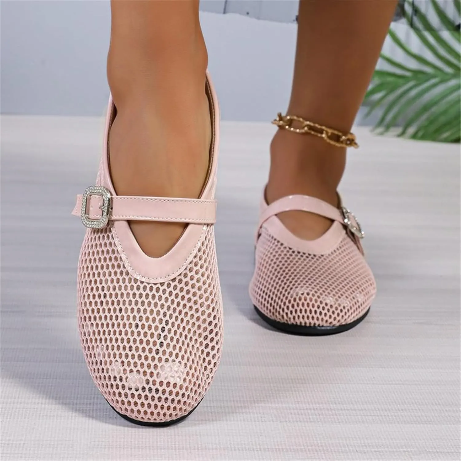 Women's Ballet Flats Buckle Strap Ballerina Shoes Buckled Straps Mesh Mary Jane Flat Comfortable Casual Office Fishnet Sandals