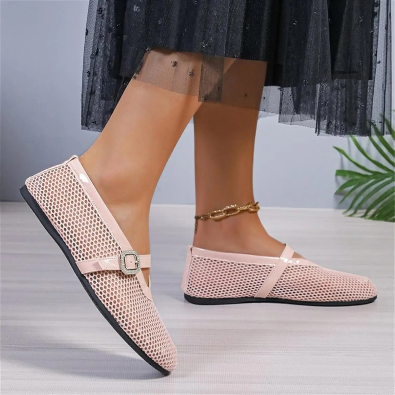 Women's Ballet Flats Buckle Strap Ballerina Shoes Buckled Straps Mesh Mary Jane Flat Comfortable Casual Office Fishnet Sandals