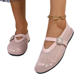 Women's Ballet Flats Buckle Strap Ballerina Shoes Buckled Straps Mesh Mary Jane Flat Comfortable Casual Office Fishnet Sandals
