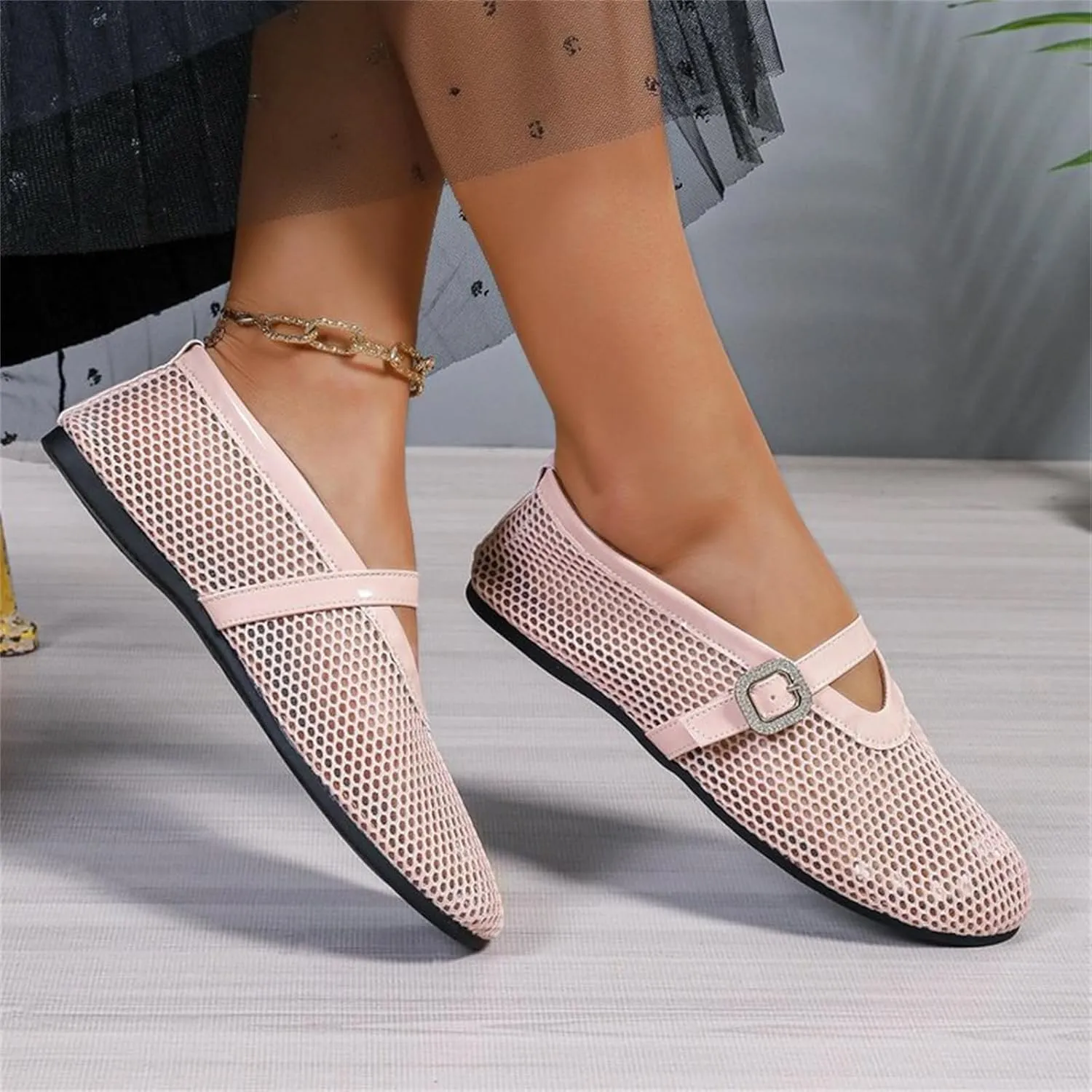 Women's Ballet Flats Buckle Strap Ballerina Shoes Buckled Straps Mesh Mary Jane Flat Comfortable Casual Office Fishnet Sandals