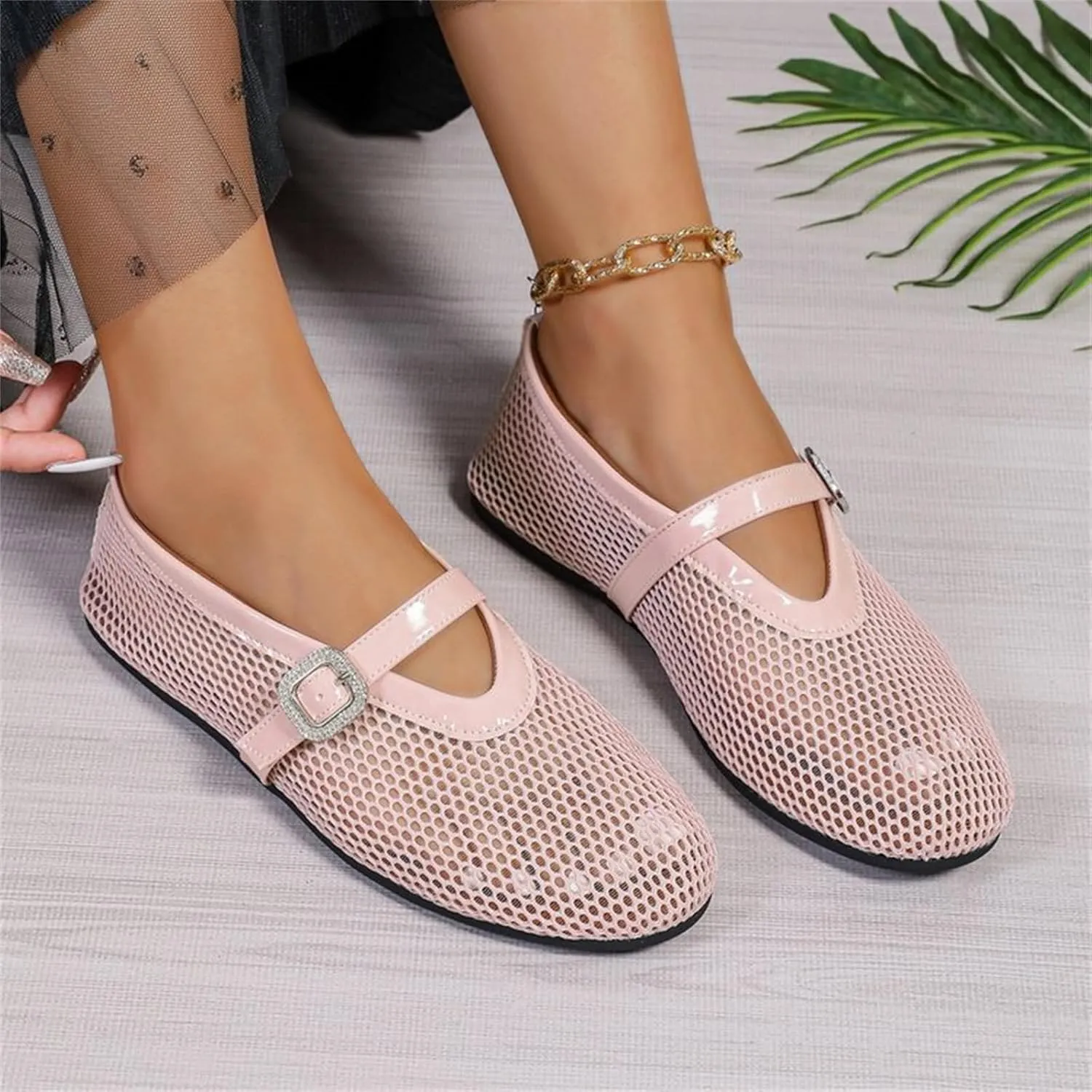 Women's Ballet Flats Buckle Strap Ballerina Shoes Buckled Straps Mesh Mary Jane Flat Comfortable Casual Office Fishnet Sandals