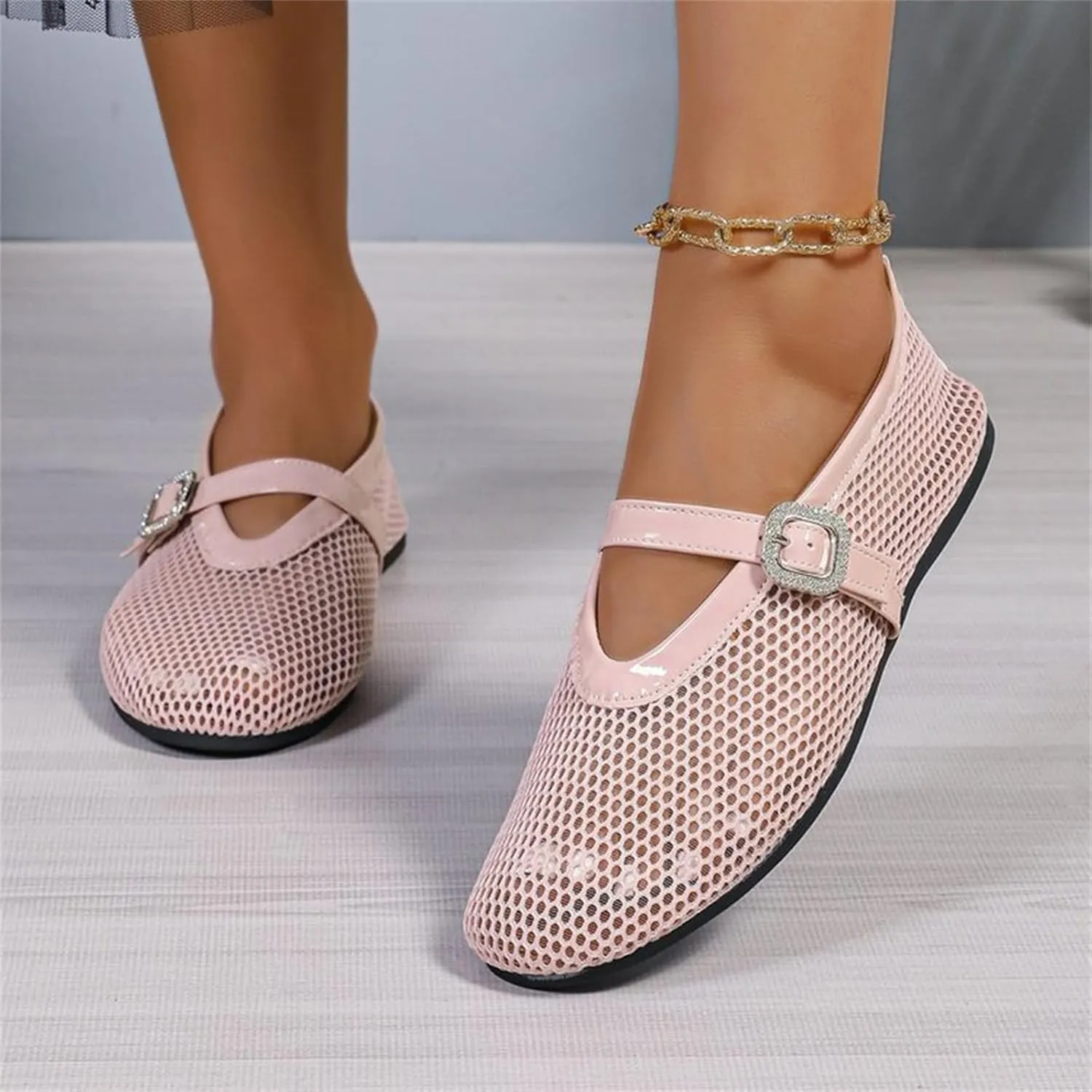 Women's Ballet Flats Buckle Strap Ballerina Shoes Buckled Straps Mesh Mary Jane Flat Comfortable Casual Office Fishnet Sandals