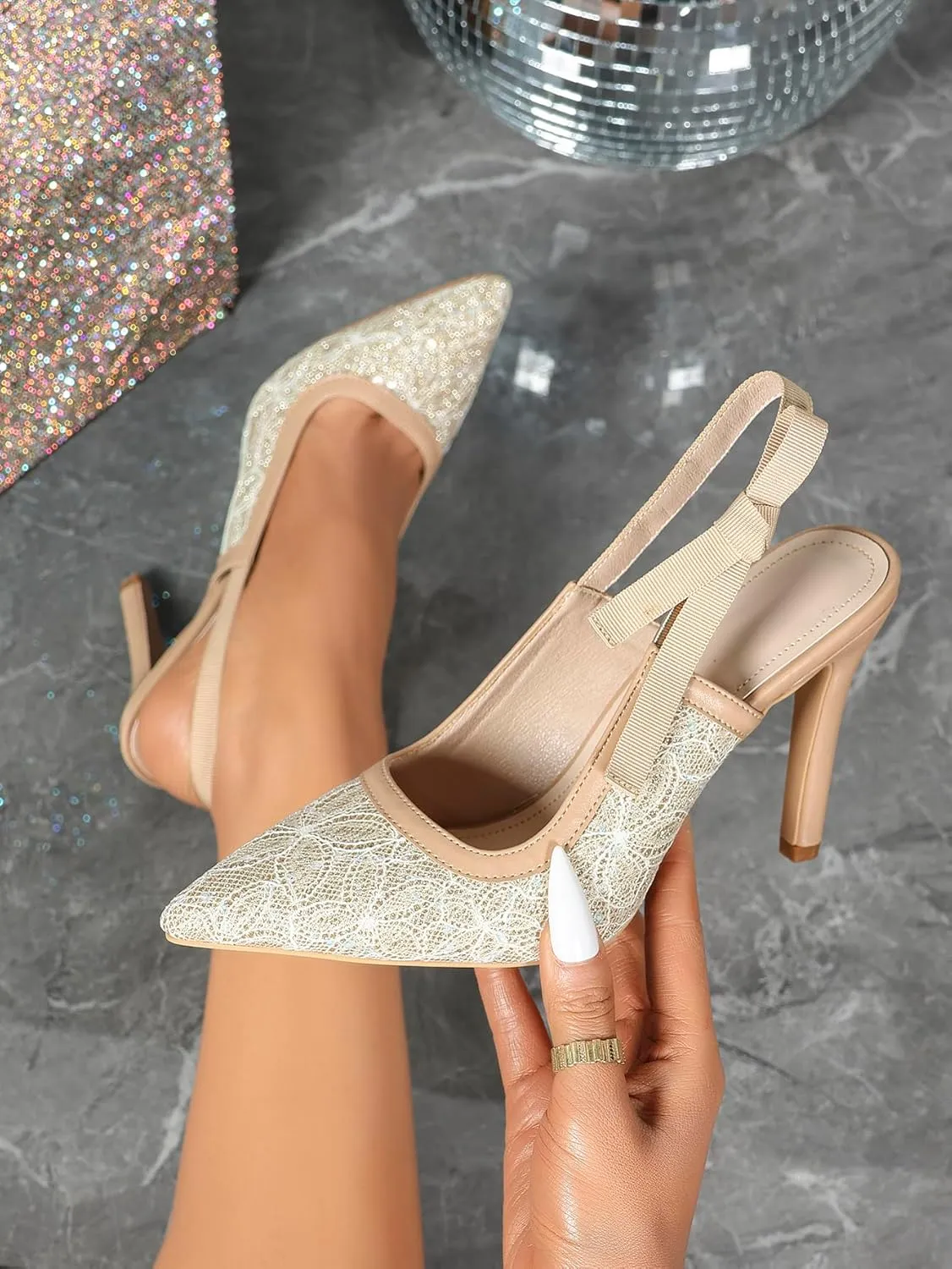 Women's Beige Pointed Toe High Heel Sandals, Shiny Lace and Bow Detail Ankle Strap, Elegant Evening Shoes, Stylish Party Footwear, Trendy Open-Toe High Heels