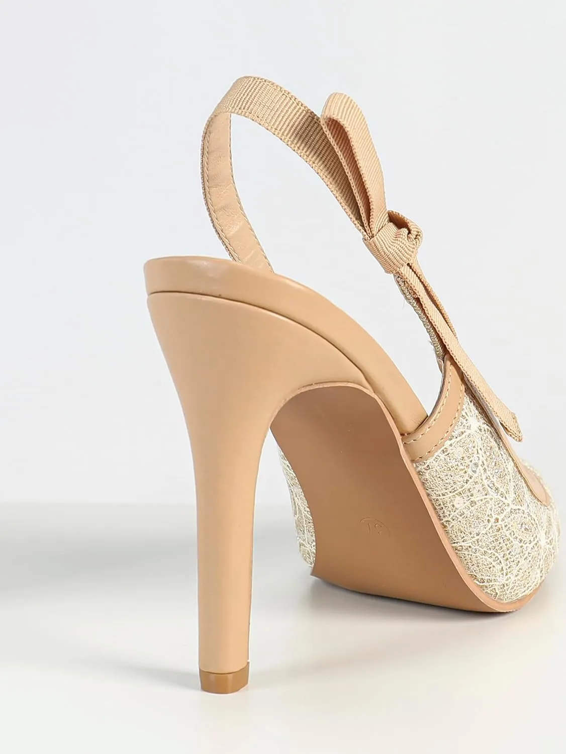 Women's Beige Pointed Toe High Heel Sandals, Shiny Lace and Bow Detail Ankle Strap, Elegant Evening Shoes, Stylish Party Footwear, Trendy Open-Toe High Heels