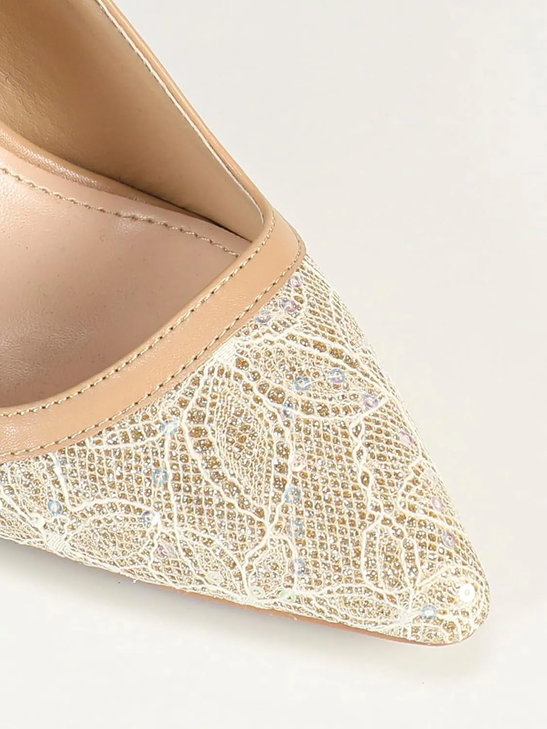 Women's Beige Pointed Toe High Heel Sandals, Shiny Lace and Bow Detail Ankle Strap, Elegant Evening Shoes, Stylish Party Footwear, Trendy Open-Toe High Heels
